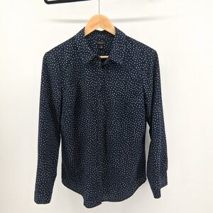 Talbots Womens Medium Button Down Long Sleeve Navy Blue White Polka Dot Blouse‎